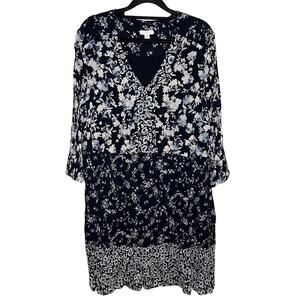 J Jill Floral Midi Dress Blue White Size XL Peasant Cottage Boho Feminine Casual